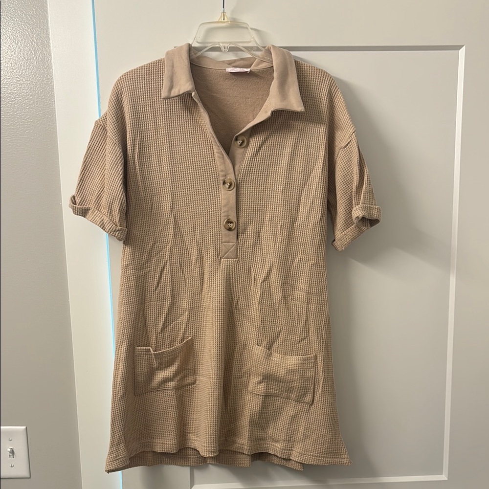 Tan Waffle Knit Polo Dress